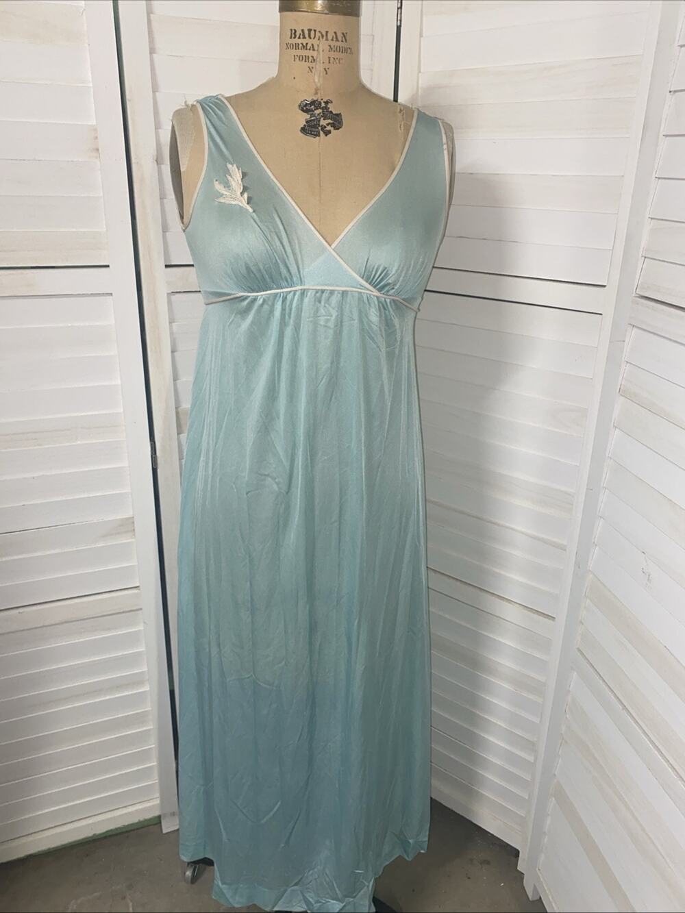 Vintage Kayser Slip Nightgown Ligerie Long Blue White Nylon Sz Medium